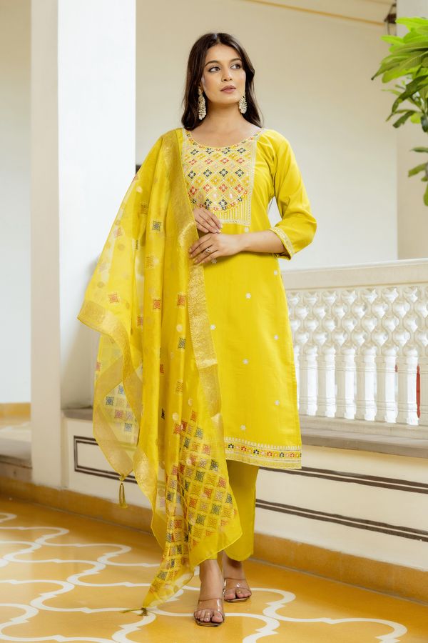 Sunshine Yellow Embroidered Kurti Set with Dupatta