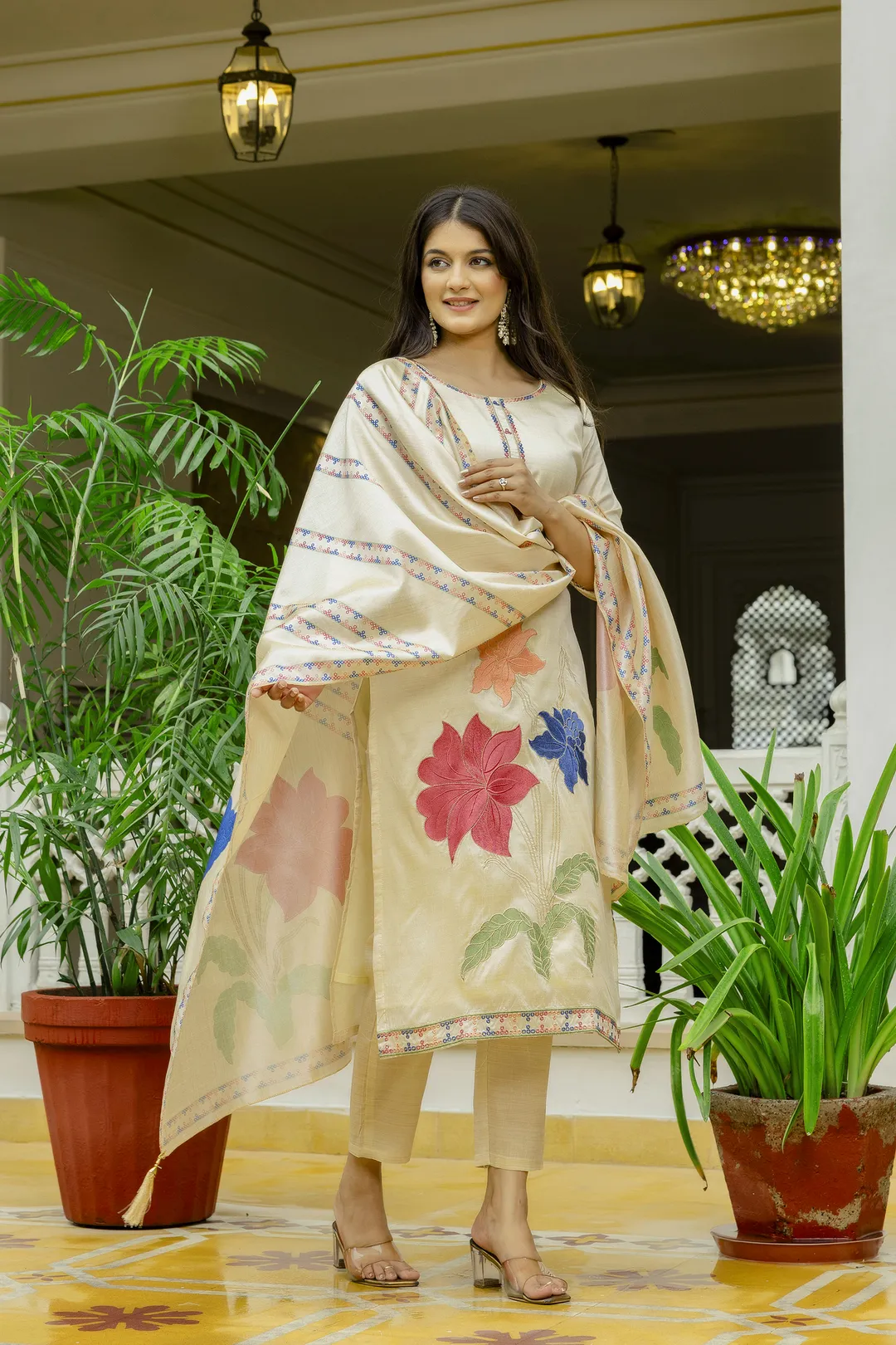 Elegant Cream Assam Silk Kurti Set with Floral Dupatta