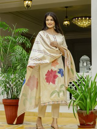 Elegant Cream Assam Silk Kurti Set with Floral Dupatta