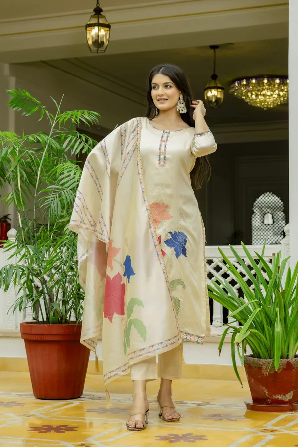 Elegant Cream Assam Silk Kurti Set with Floral Dupatta