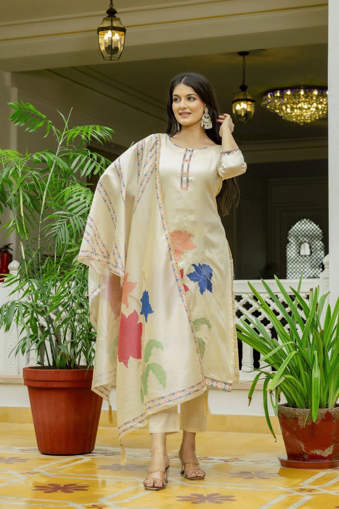 Elegant Cream Assam Silk Kurti Set with Floral Dupatta