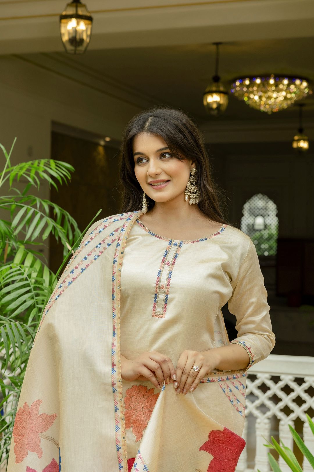 Elegant Cream Assam Silk Kurti Set with Floral Dupatta