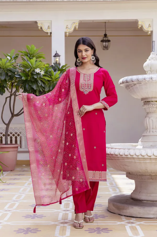 Rich Red Chanderi Kurti Set with Embroidered Dupatta