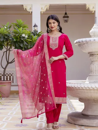 Rich Red Chanderi Kurti Set with Embroidered Dupatta