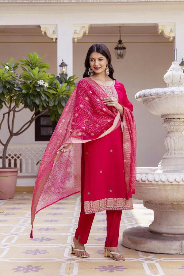 Rich Red Chanderi Kurti Set with Embroidered Dupatta