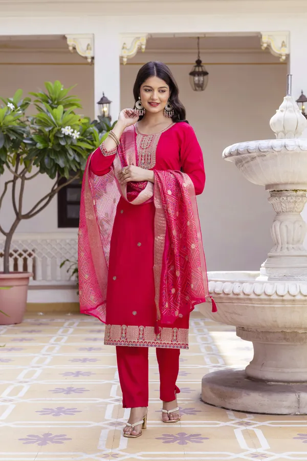 Rich Red Chanderi Kurti Set with Embroidered Dupatta