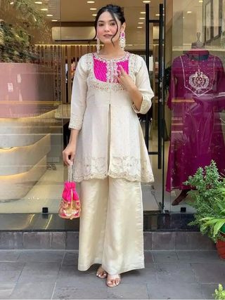 Elegant Cream Roman Silk Embroidered Top Palazzo Set