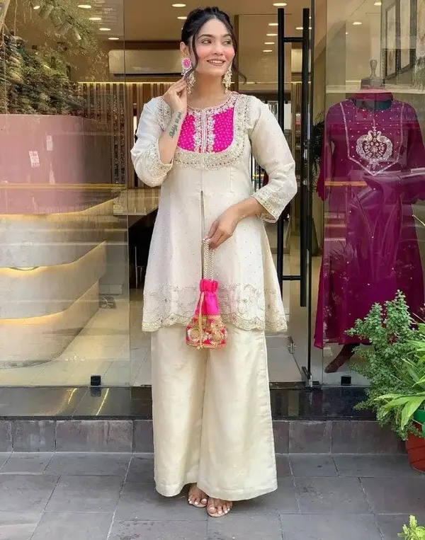 Elegant Cream Roman Silk Embroidered Top Palazzo Set
