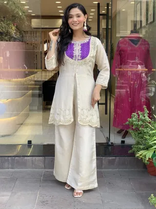 Cream Roman Silk Embroidered Top Palazzo Set Purple