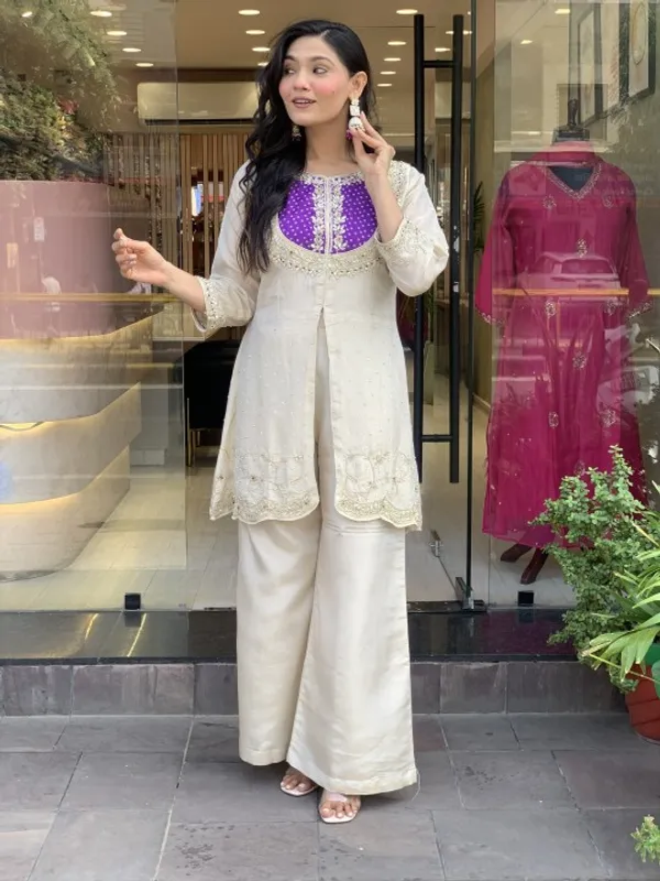 Cream Roman Silk Embroidered Top Palazzo Set Purple