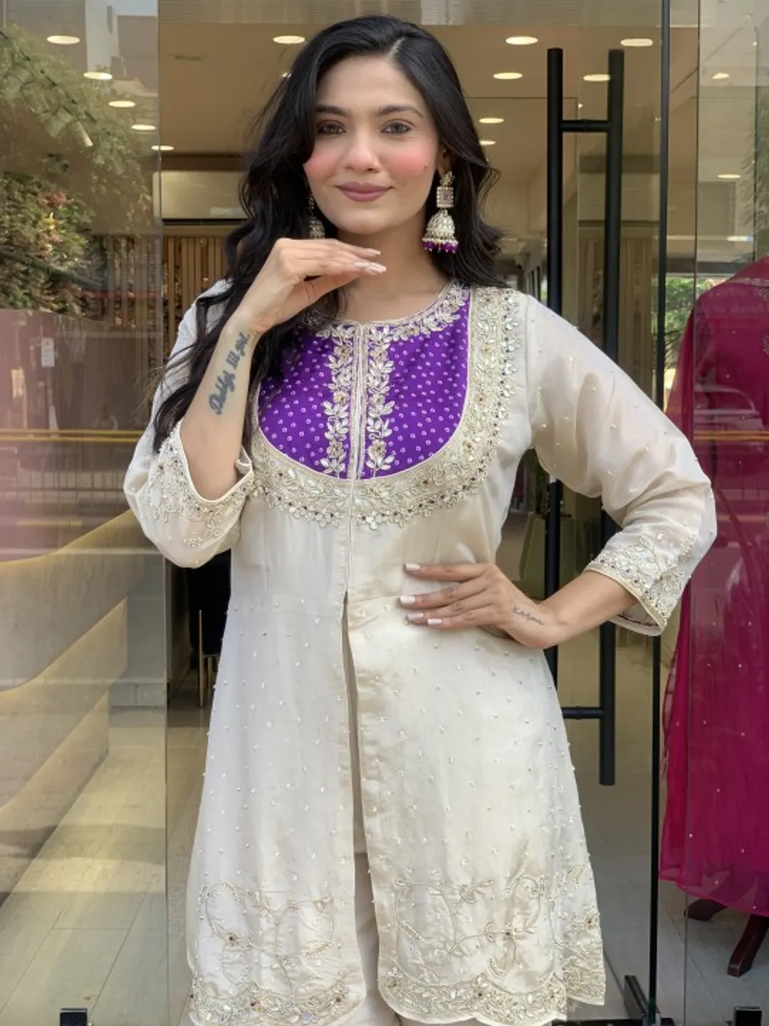 Cream Roman Silk Embroidered Top Palazzo Set Purple