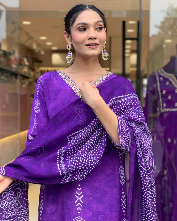 Purple Crepe Printed Kurta Pant Dupatta Set Women