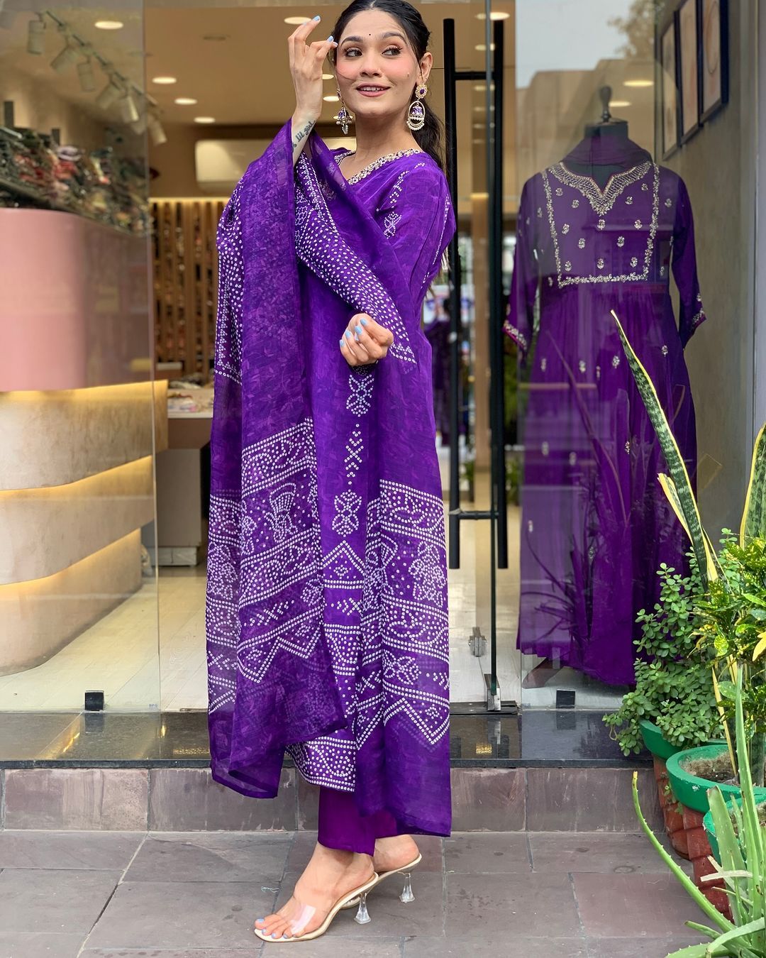Purple Crepe Printed Kurta Pant Dupatta Set Women