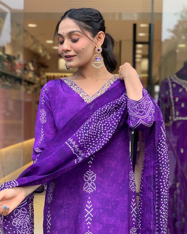 Purple Crepe Printed Kurta Pant Dupatta Set Women