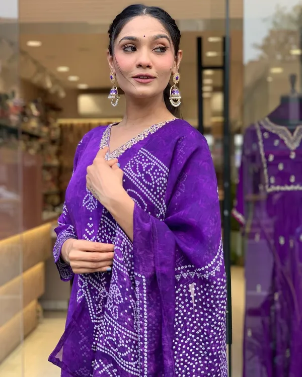 Purple Crepe Printed Kurta Pant Dupatta Set Women