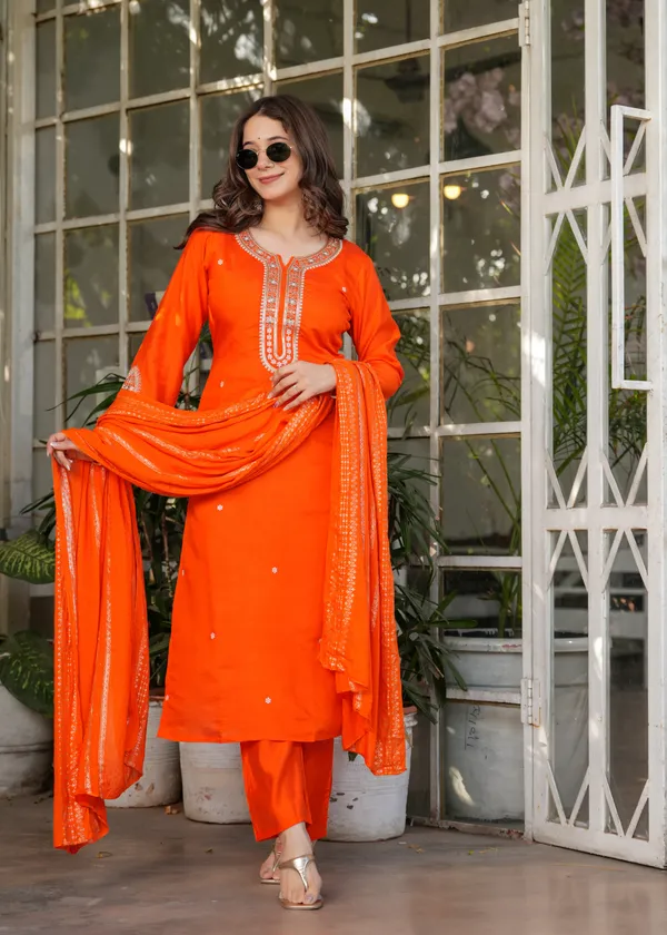 Bright Orange Chanderi Kurta Pant Dupatta Set Women