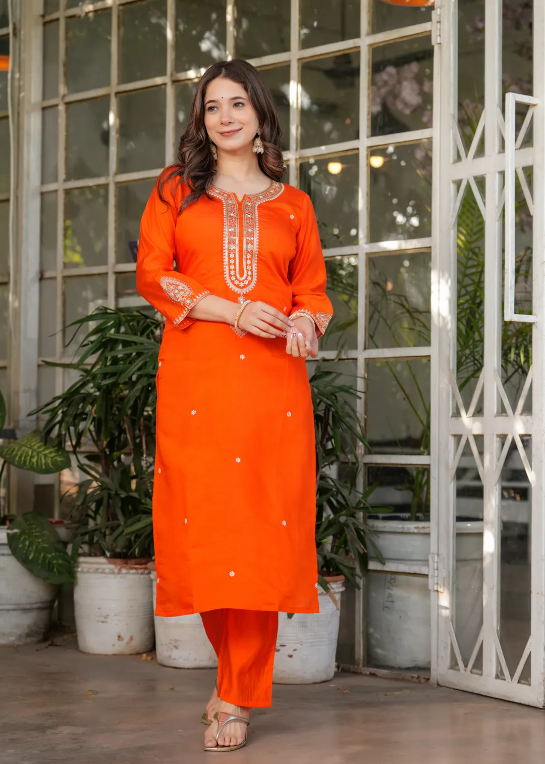 Bright Orange Chanderi Kurta Pant Dupatta Set Women