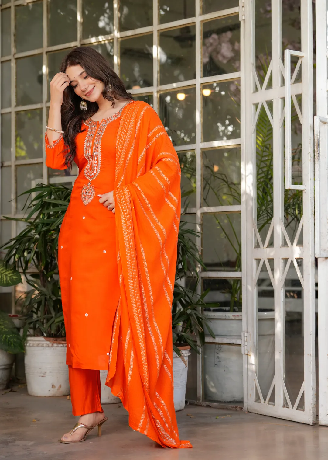 Bright Orange Chanderi Kurta Pant Dupatta Set Women