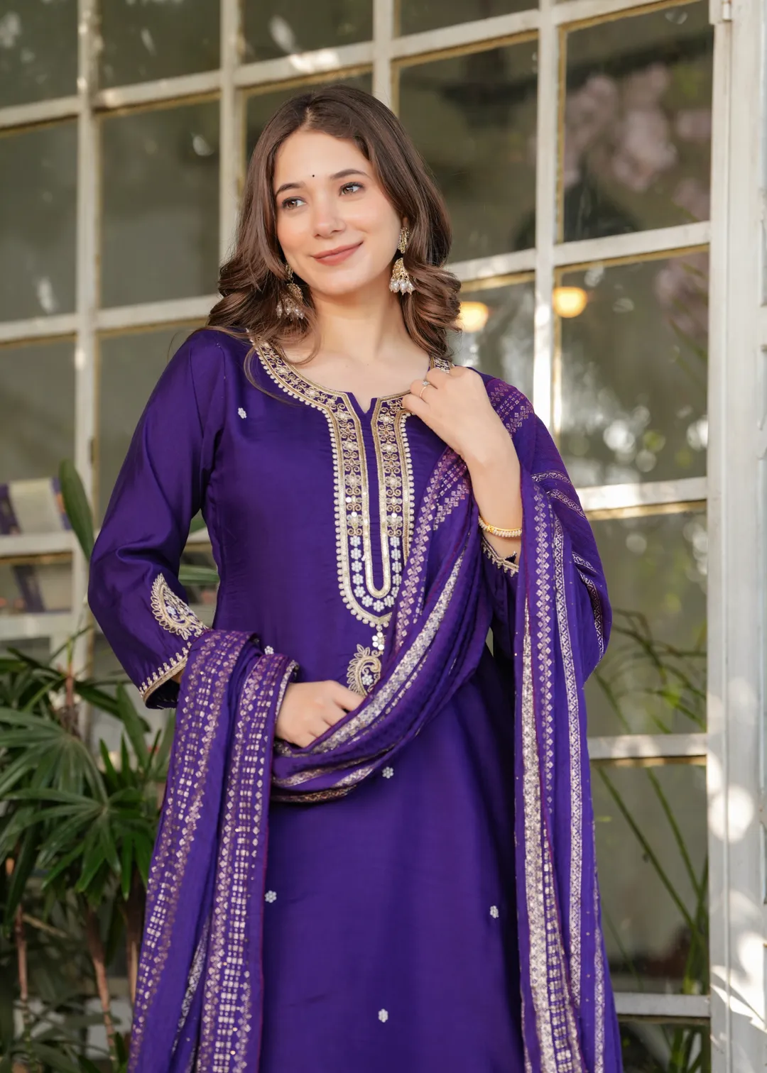 Royal Purple Chanderi Kurta Pant Dupatta Set Women