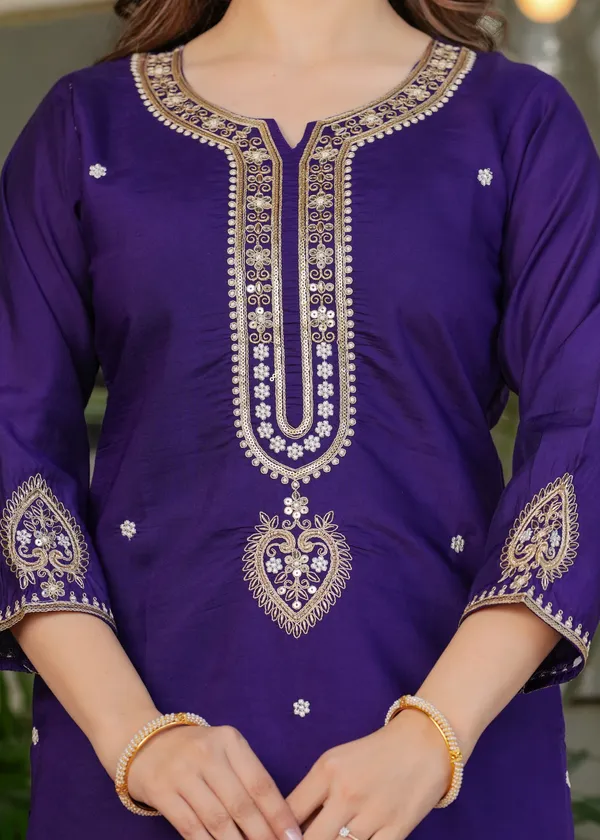 Royal Purple Chanderi Kurta Pant Dupatta Set Women