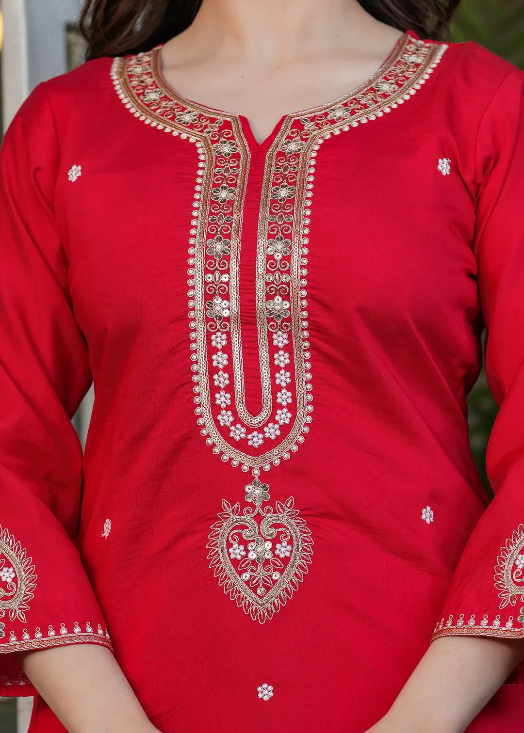 Festive Red Chanderi Kurta Pant Dupatta Set Women