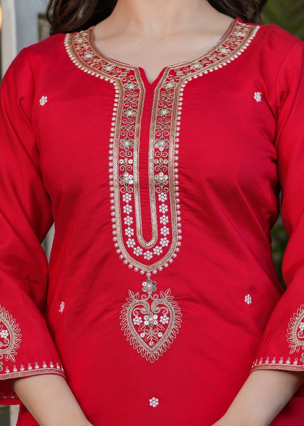 Festive Red Chanderi Kurta Pant Dupatta Set Women