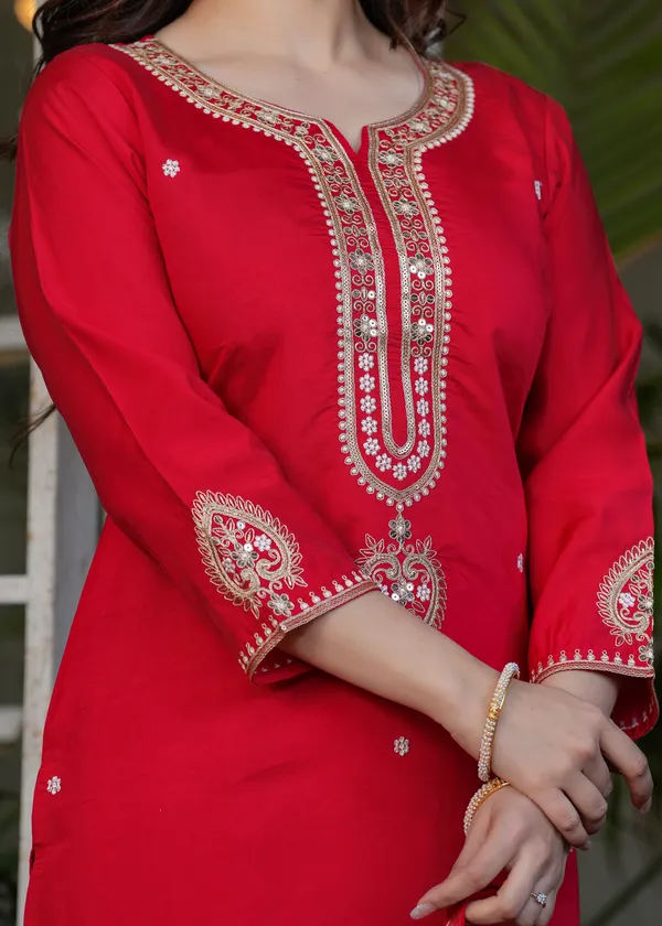 Festive Red Chanderi Kurta Pant Dupatta Set Women