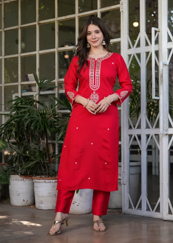 Festive Red Chanderi Kurta Pant Dupatta Set Women