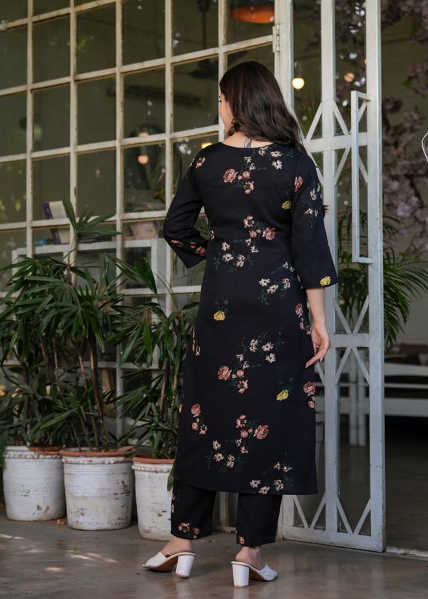 Black Floral Printed Silk Blend Kurta Set with Dupatta