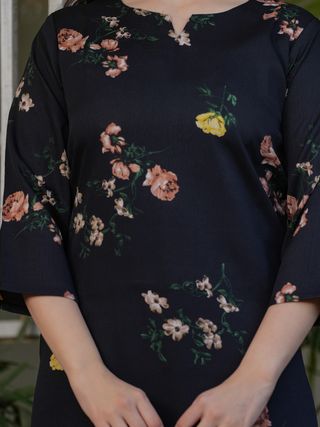 Black Floral Printed Silk Blend Kurta Set with Dupatta