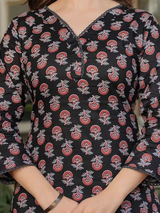 Black Maroon Cotton Printed Kurta Set with Dupatta