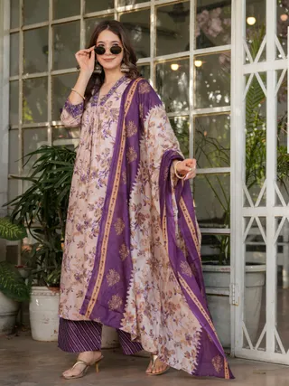 Cream Floral Cotton Kurta Set with Pant and Dupatta