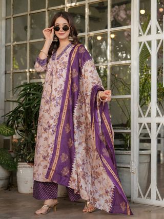 Cream Floral Cotton Kurta Set with Pant and Dupatta