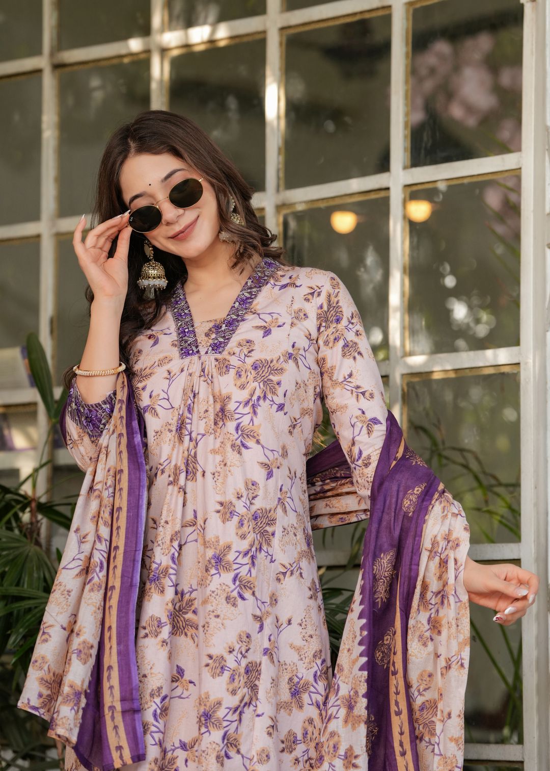 Cream Floral Cotton Kurta Set with Pant and Dupatta