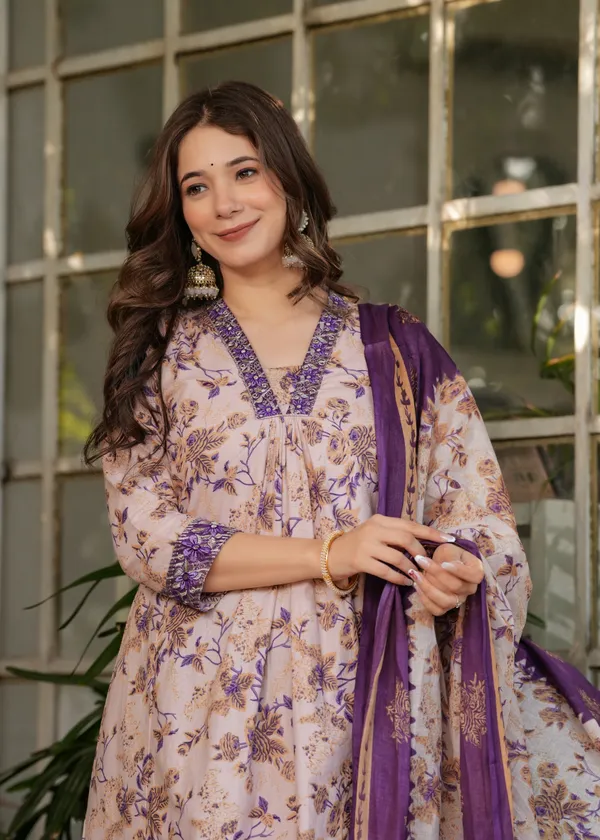 Cream Floral Cotton Kurta Set with Pant and Dupatta