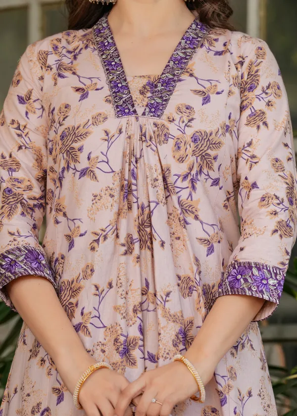 Cream Floral Cotton Kurta Set with Pant and Dupatta