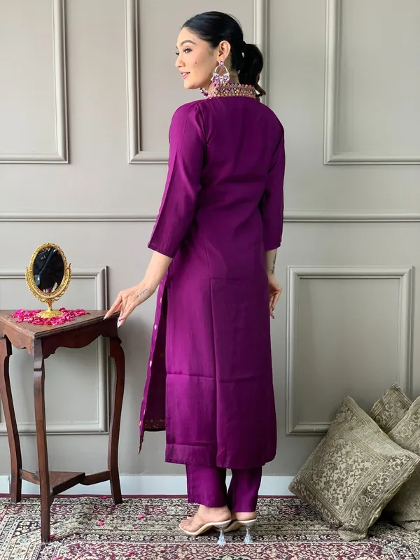 Wine Chanderi Embroidered Kurta Set with Dupatta