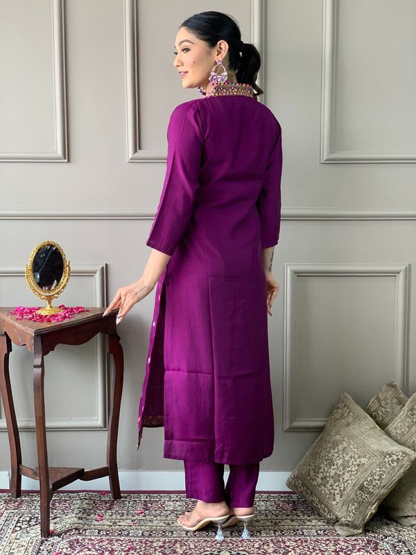 Wine Chanderi Embroidered Kurta Set with Dupatta