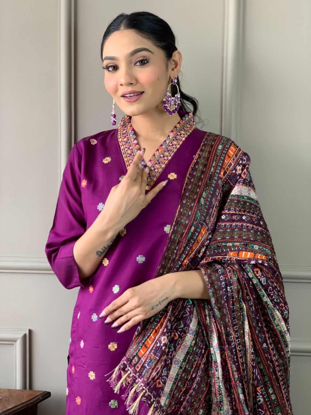 Wine Chanderi Embroidered Kurta Set with Dupatta