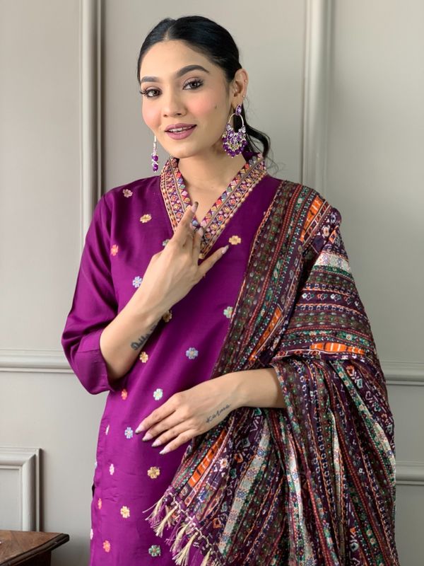Wine Chanderi Embroidered Kurta Set with Dupatta