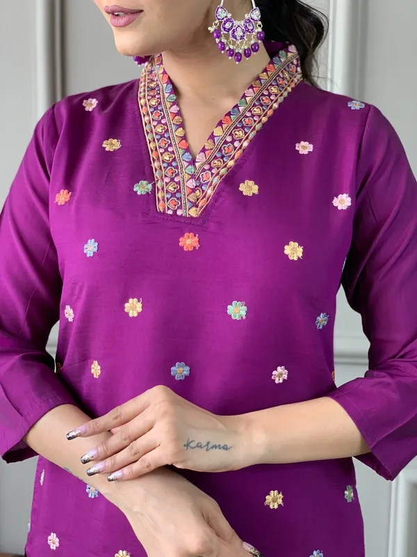 Wine Chanderi Embroidered Kurta Set with Dupatta
