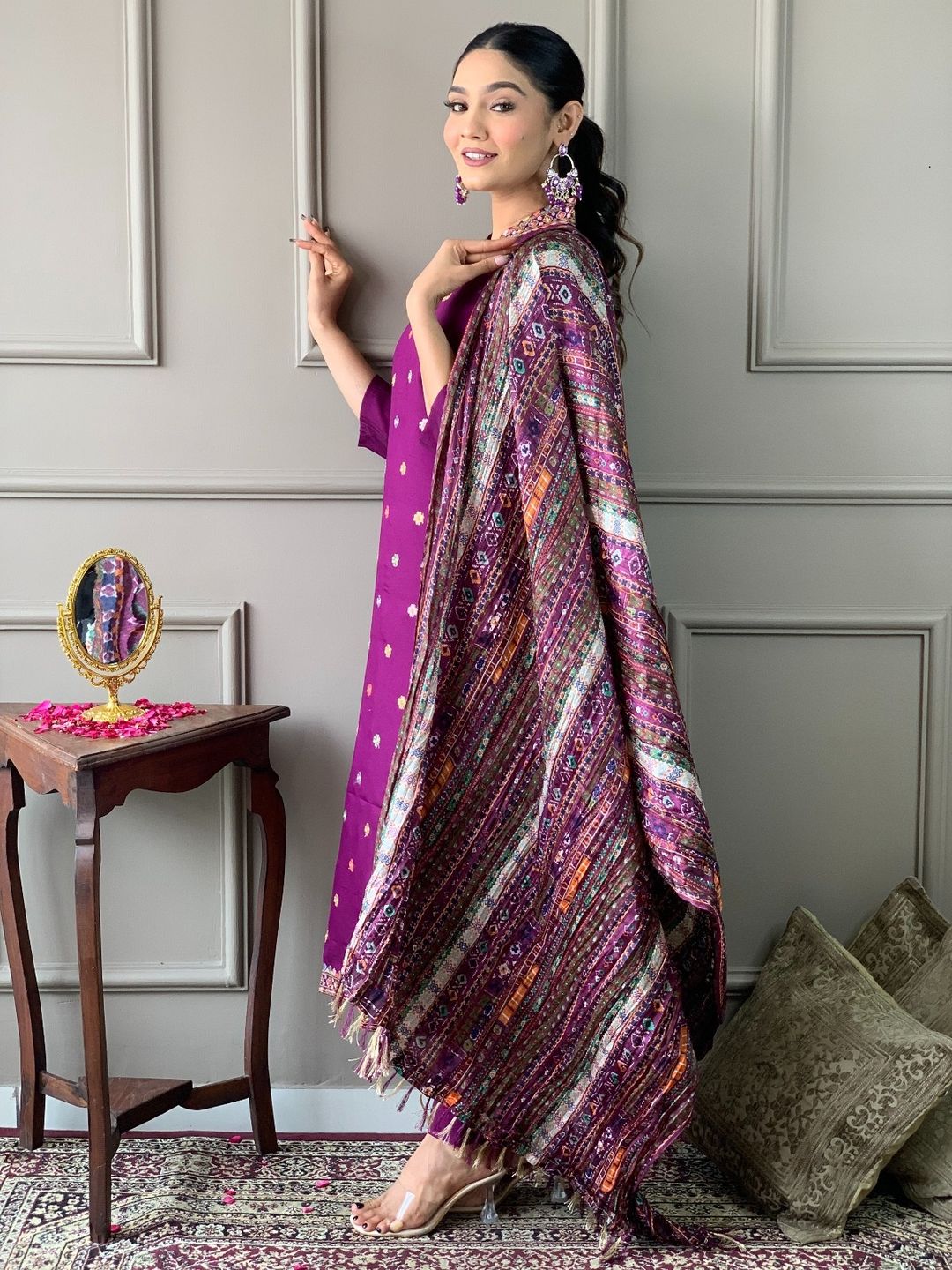 Wine Chanderi Embroidered Kurta Set with Dupatta
