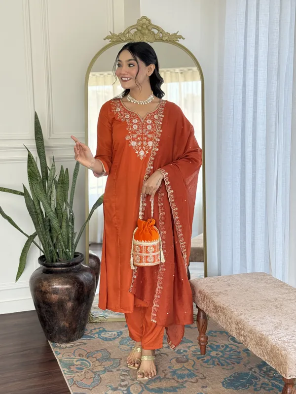 Orange Embroidered Chinon Kurta Set with Dupatta