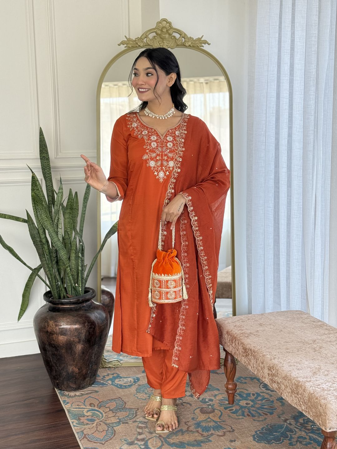 Orange Embroidered Chinon Kurta Set with Dupatta
