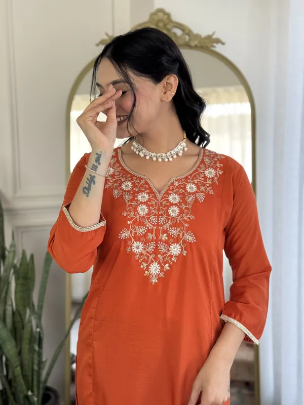 Orange Embroidered Chinon Kurta Set with Dupatta