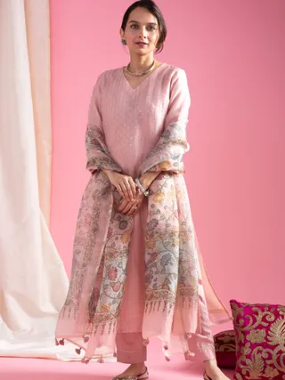Blush Pink Chanderi Kurta Set with Organza Dupatta