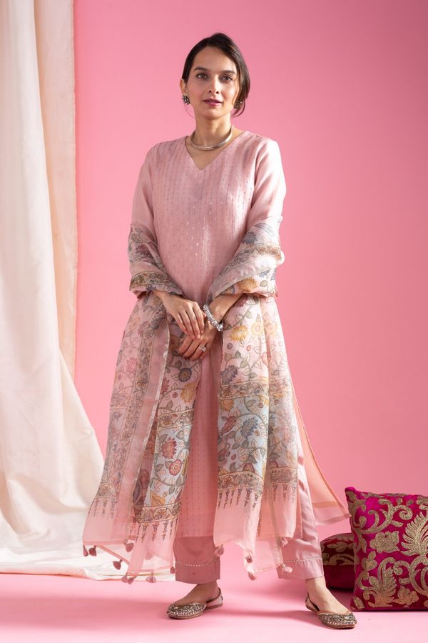 Blush Pink Chanderi Kurta Set with Organza Dupatta
