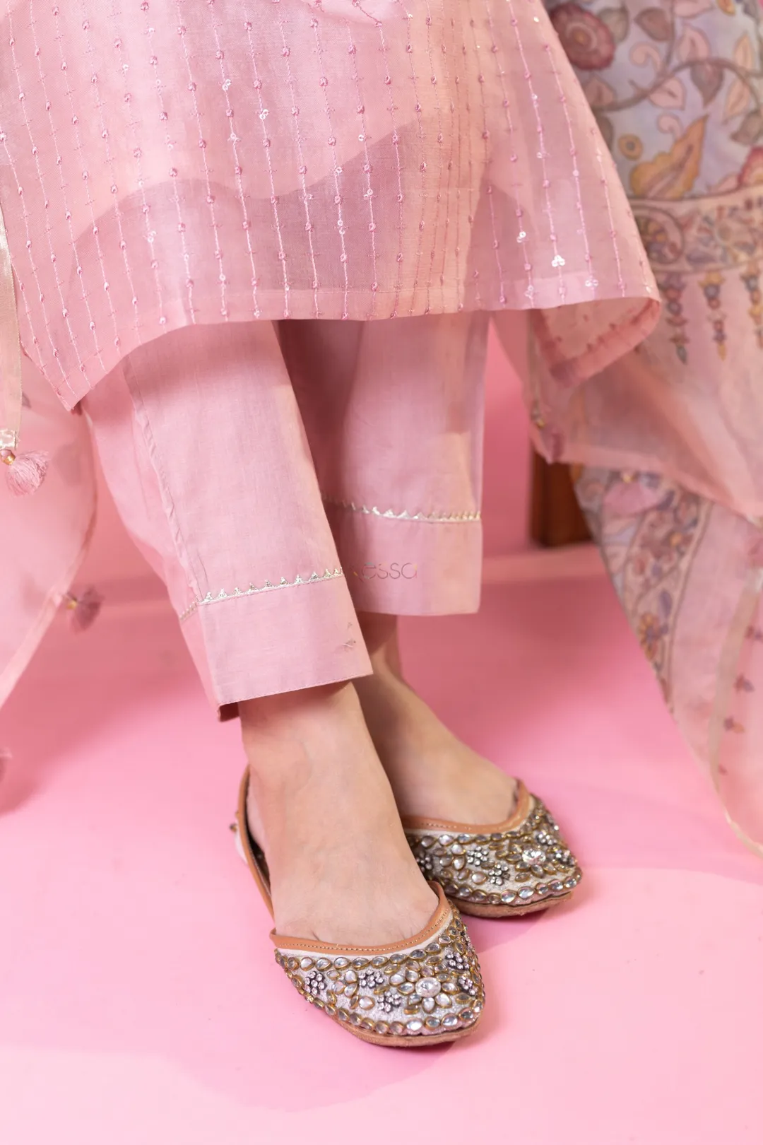 Blush Pink Chanderi Kurta Set with Organza Dupatta
