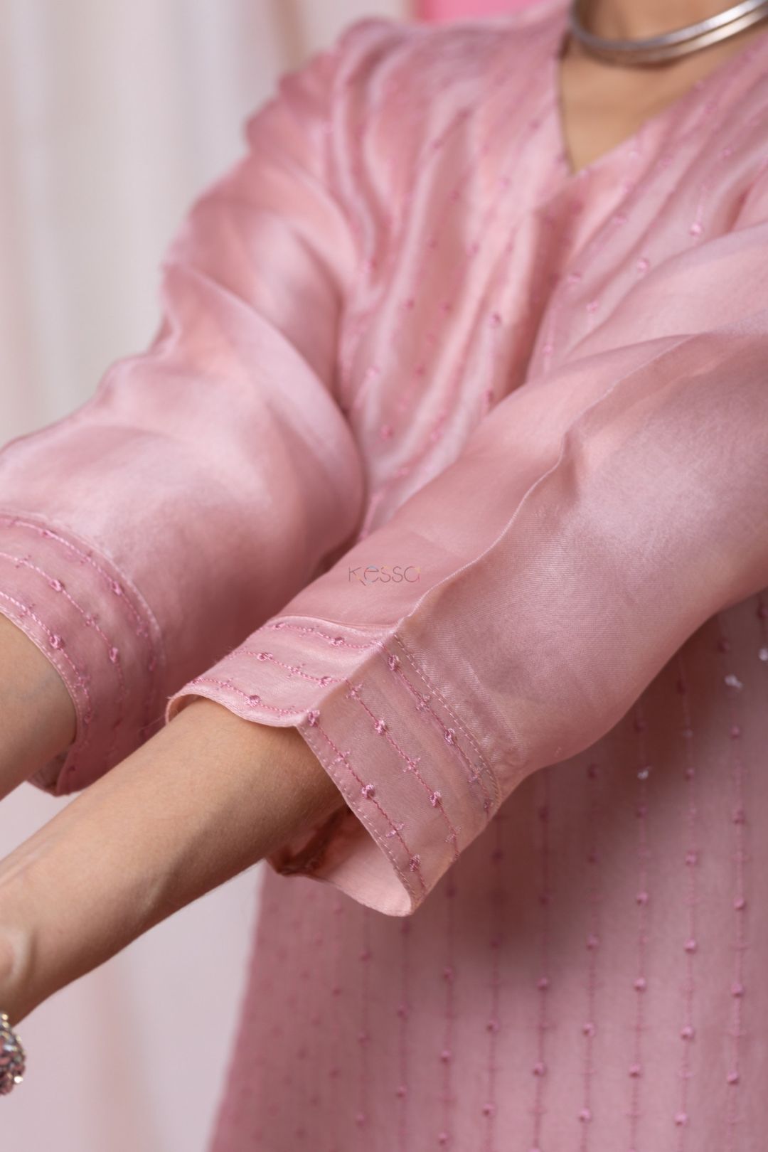 Blush Pink Chanderi Kurta Set with Organza Dupatta