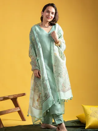 Pista Green Chanderi Kurta Set with Organza Dupatta